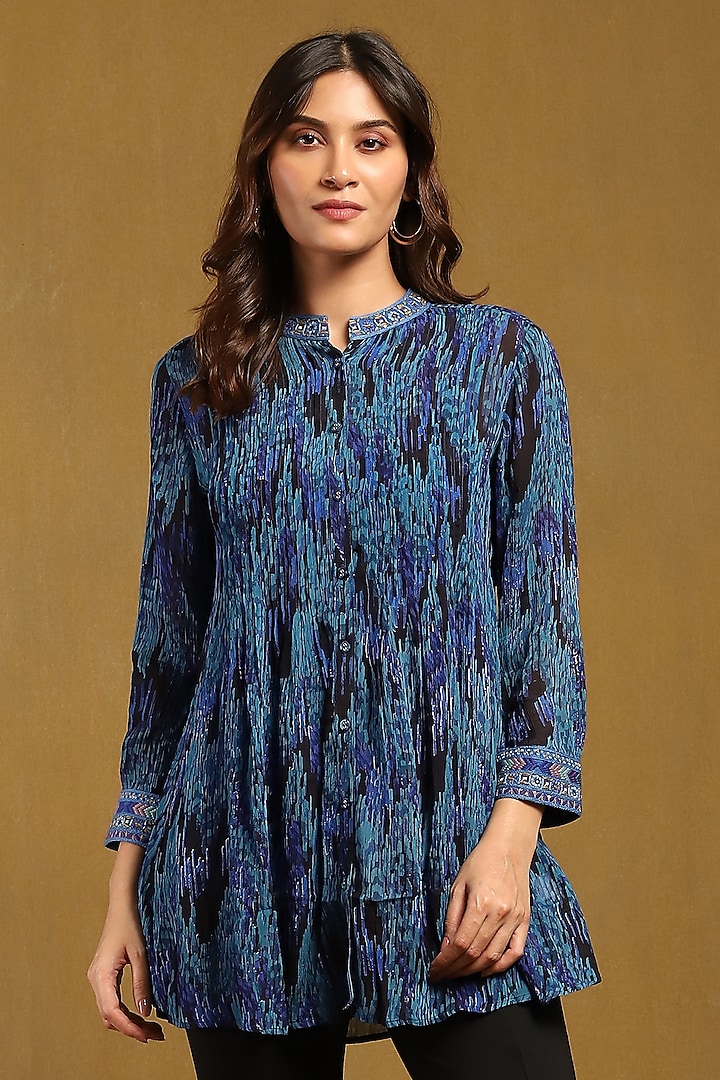 Blue Viscose Chiffon Geometric Printed Shirt by Ritu Kumar at Pernia's Pop Up Shop