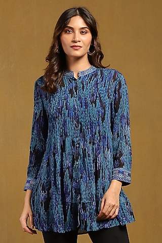 Blue Viscose Chiffon Geometric Printed Shirt by Ritu Kumar