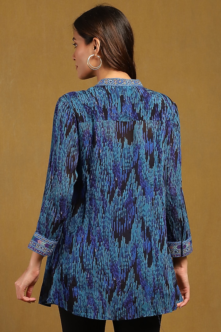 Blue Viscose Chiffon Geometric Printed Shirt by Ritu Kumar at Pernia's Pop Up Shop
