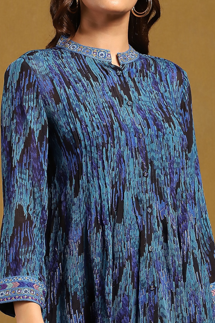 Blue Viscose Chiffon Geometric Printed Shirt by Ritu Kumar at Pernia's Pop Up Shop