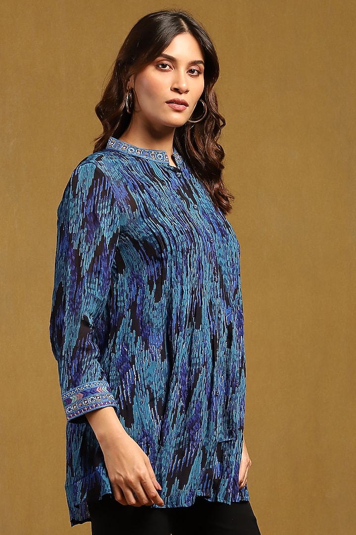 Blue Viscose Chiffon Geometric Printed Shirt by Ritu Kumar at Pernia's Pop Up Shop