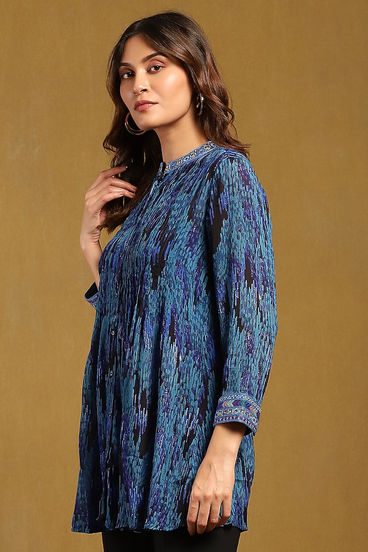 Blue Viscose Chiffon Geometric Printed Shirt by Ritu Kumar at Pernia's Pop Up Shop