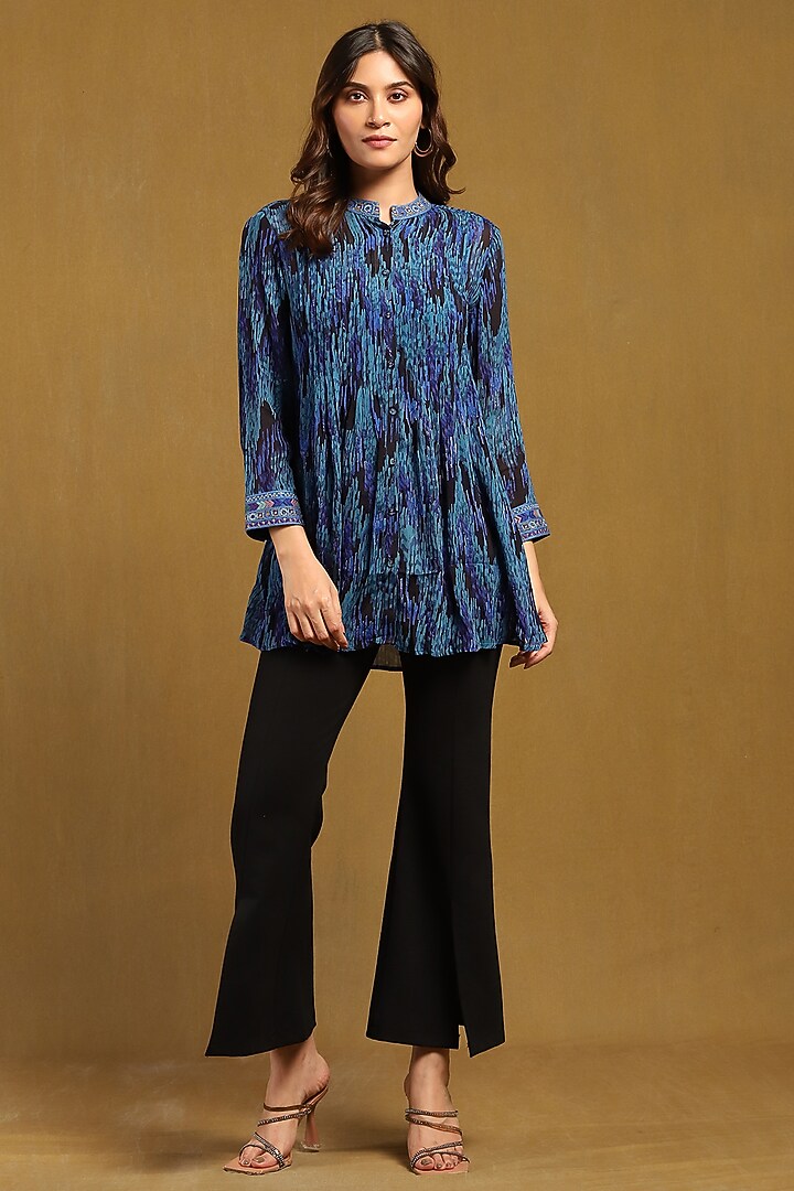 Blue Viscose Chiffon Geometric Printed Shirt by Ritu Kumar at Pernia's Pop Up Shop