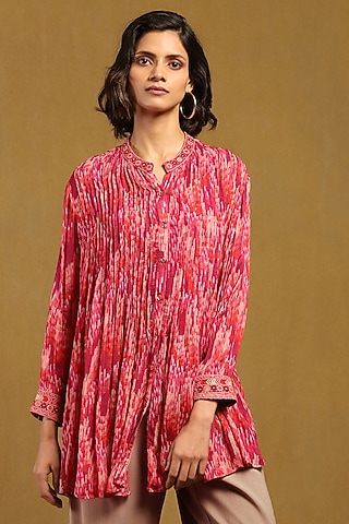 Pink Viscose Chiffon Geometric Printed Shirt by Ritu Kumar