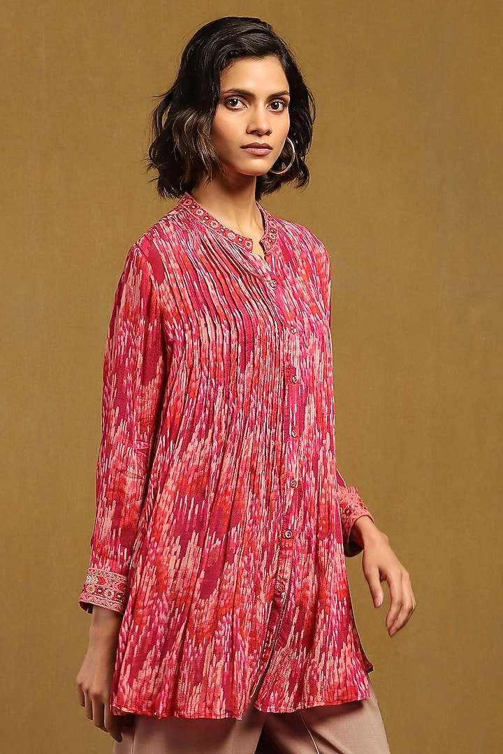 Pink Viscose Chiffon Geometric Printed Shirt by Ritu Kumar at Pernia's Pop Up Shop