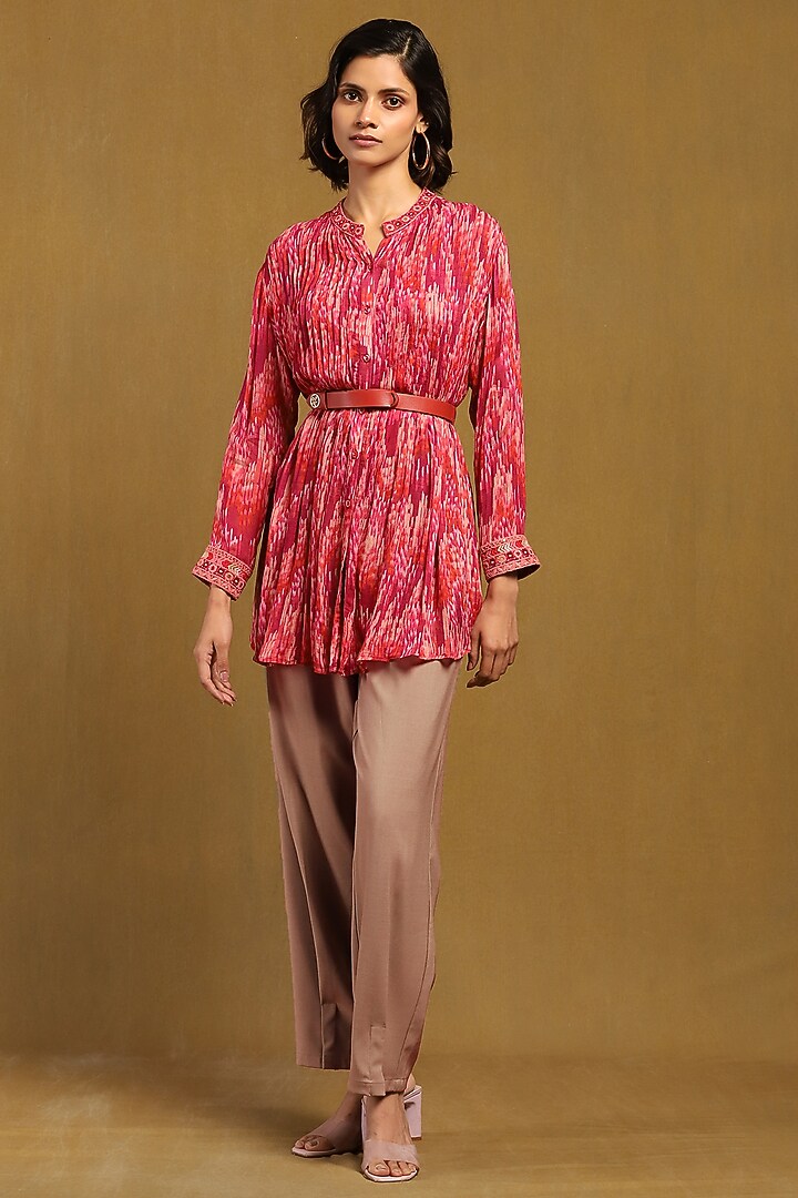 Pink Viscose Chiffon Geometric Printed Shirt by Ritu Kumar at Pernia's Pop Up Shop