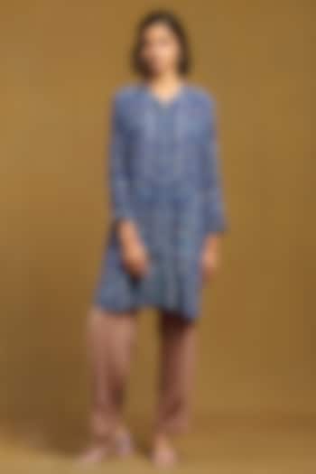 Blue Viscose Crepe Geometric Printed Shirt by Ritu Kumar at Pernia's Pop Up Shop