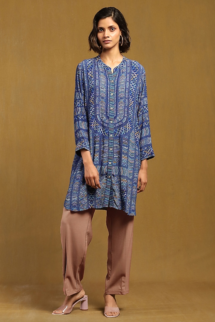 Blue Viscose Crepe Geometric Printed Shirt by Ritu Kumar at Pernia's Pop Up Shop