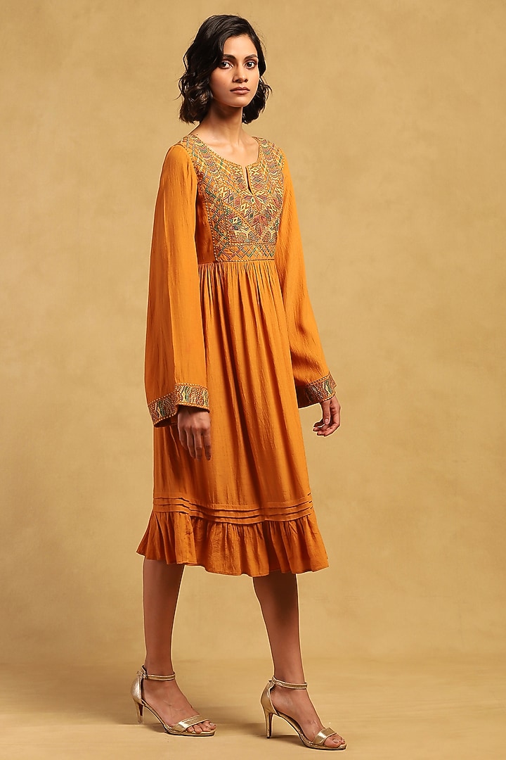 Mustard Yellow Viscose Crepe Midi Summer Dress by Ritu Kumar at Pernia's Pop Up Shop