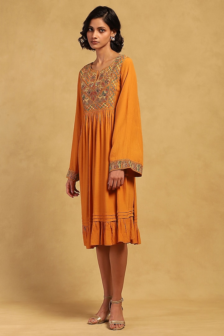 Mustard Yellow Viscose Crepe Midi Summer Dress by Ritu Kumar at Pernia's Pop Up Shop