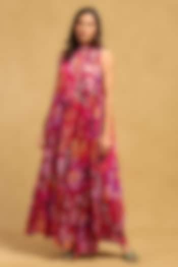 Pink Viscose Chiffon Abstract Printed Maxi Shift Dress by Ritu Kumar at Pernia's Pop Up Shop