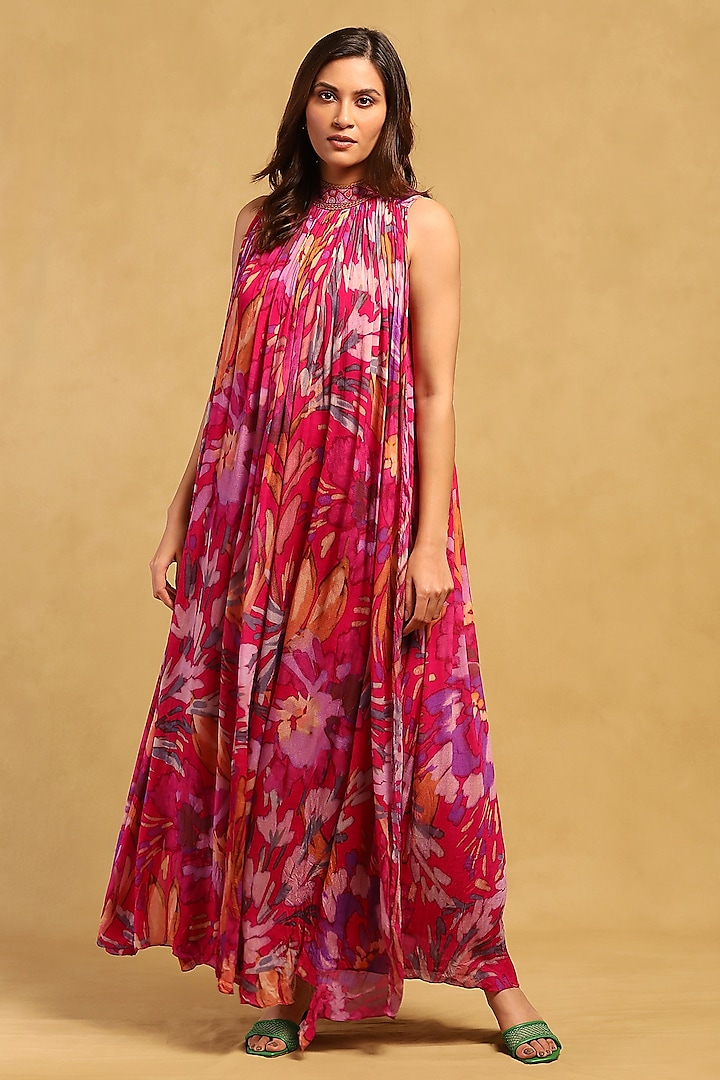 Pink Viscose Chiffon Abstract Printed Maxi Shift Dress by Ritu Kumar at Pernia's Pop Up Shop