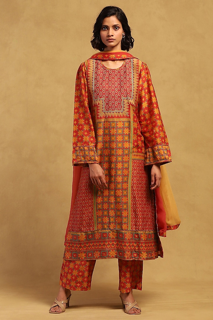 Red Cotton Voile Motif Kurta Set by Ritu Kumar at Pernia's Pop Up Shop