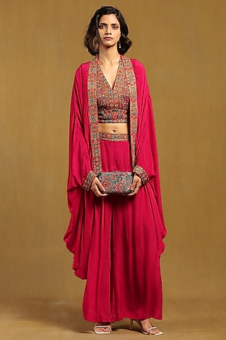 Fuchsia Pink Viscose Crepe Cape Set by Ritu Kumar