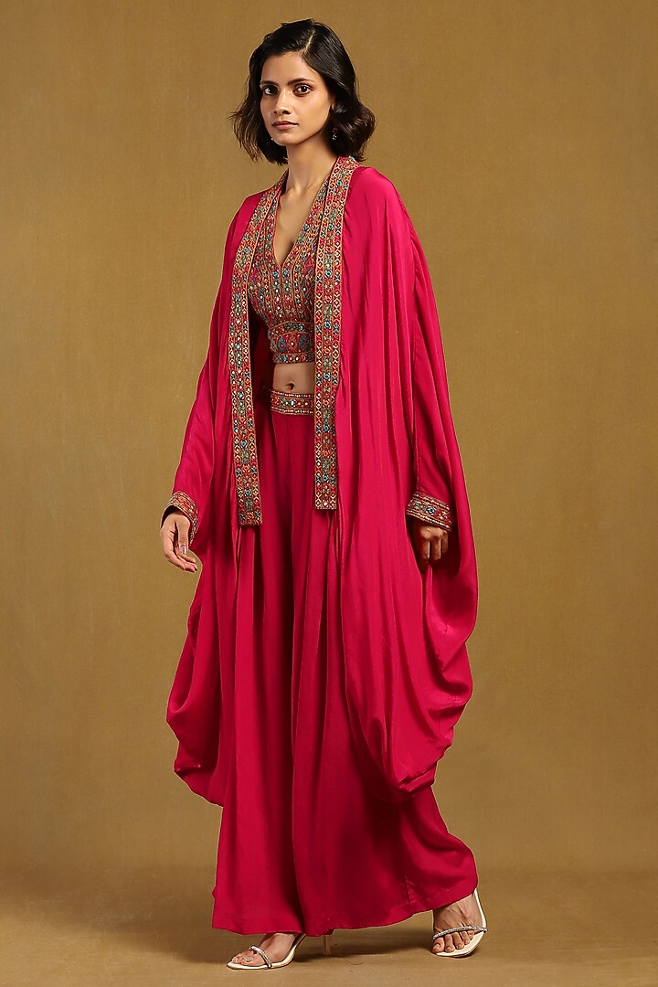 Fuchsia Pink Viscose Crepe Cape Set by Ritu Kumar at Pernia's Pop Up Shop