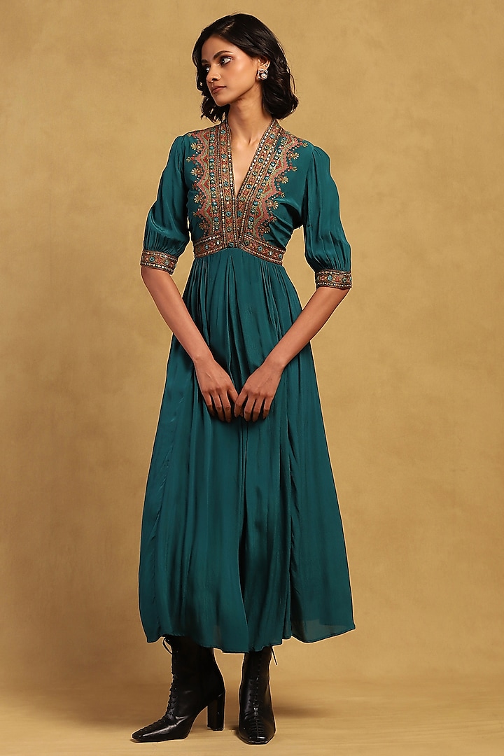 Green Viscose Crepe Maxi Dress by Ritu Kumar at Pernia's Pop Up Shop