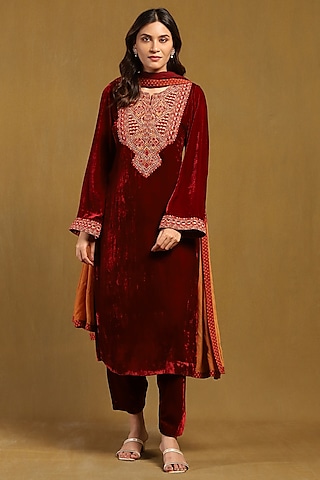 Red Silk Velvet Kurta Set by Ritu Kumar