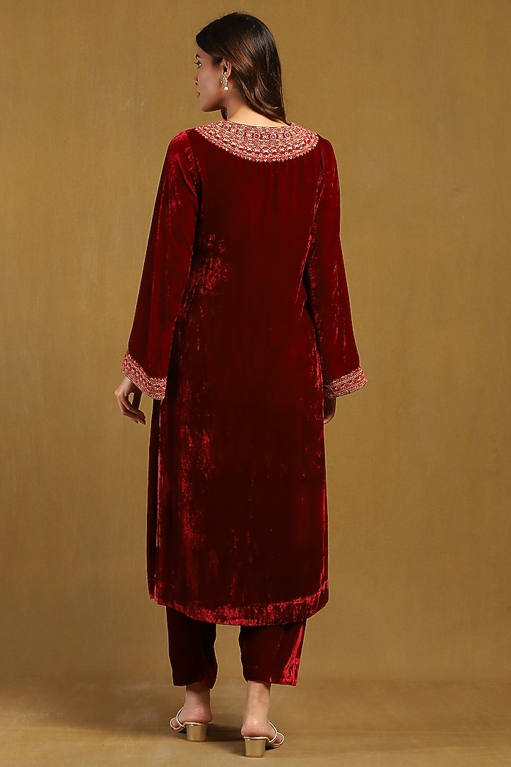 Red Silk Velvet Kurta Set by Ritu Kumar at Pernia's Pop Up Shop