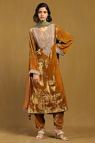 Mustard Yellow Silk Velvet Kurta Set by Ritu Kumar
