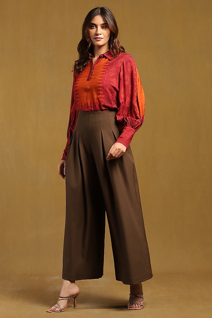 Brown Viscose Spandex Flared Pants by Ritu Kumar at Pernia's Pop Up Shop