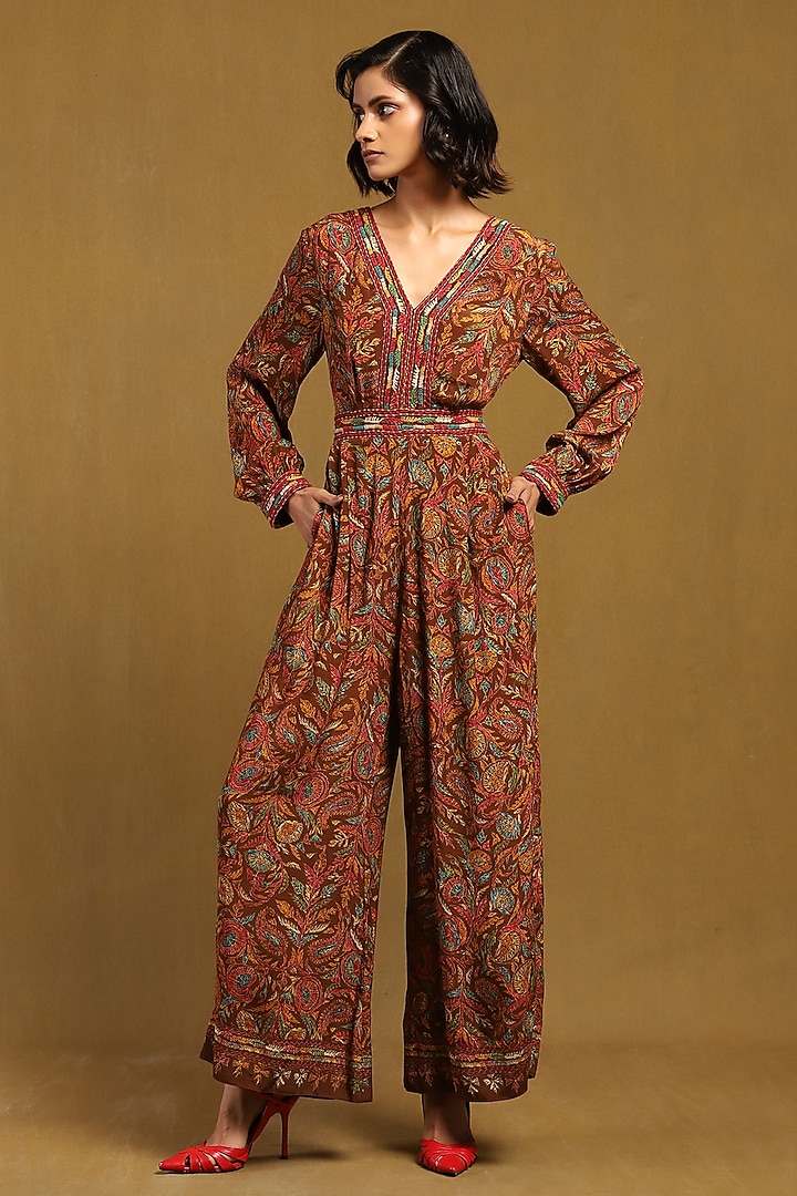 Brown Viscose Crepe Botanical Printed Jumpsuit by Ritu Kumar at Pernia's Pop Up Shop