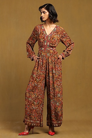 Brown Viscose Crepe Botanical Printed Jumpsuit by Ritu Kumar