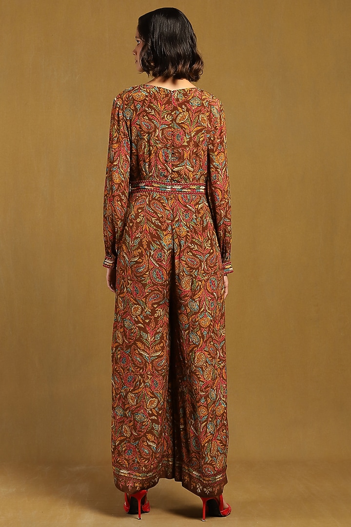 Brown Viscose Crepe Botanical Printed Jumpsuit by Ritu Kumar at Pernia's Pop Up Shop