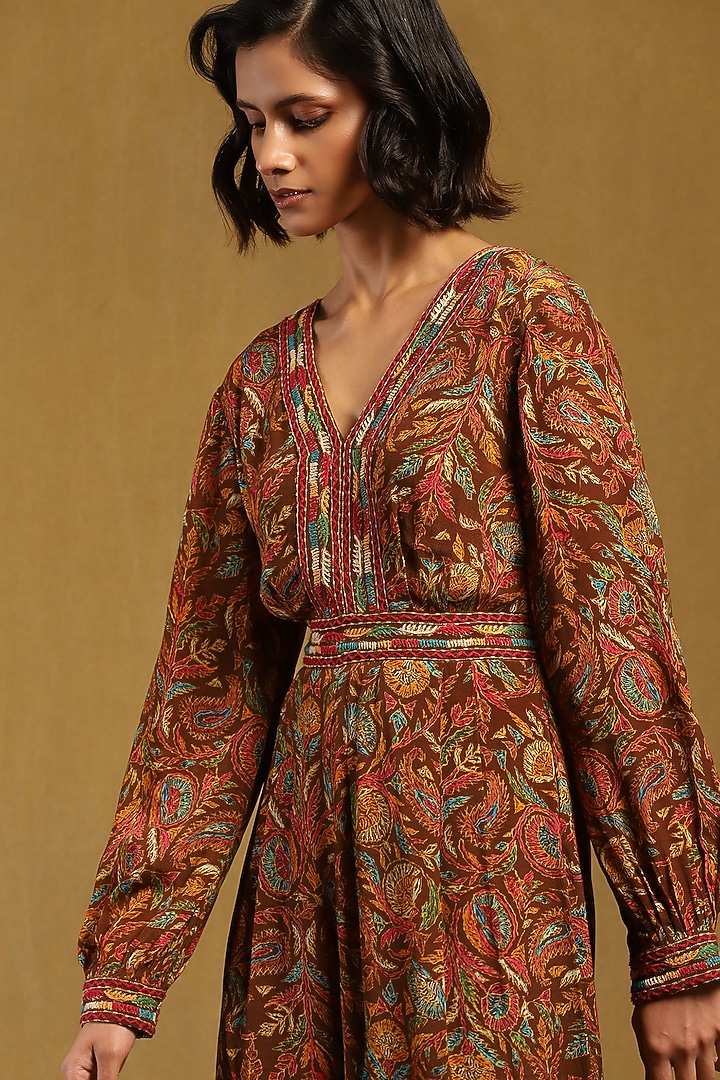 Brown Viscose Crepe Botanical Printed Jumpsuit by Ritu Kumar at Pernia's Pop Up Shop