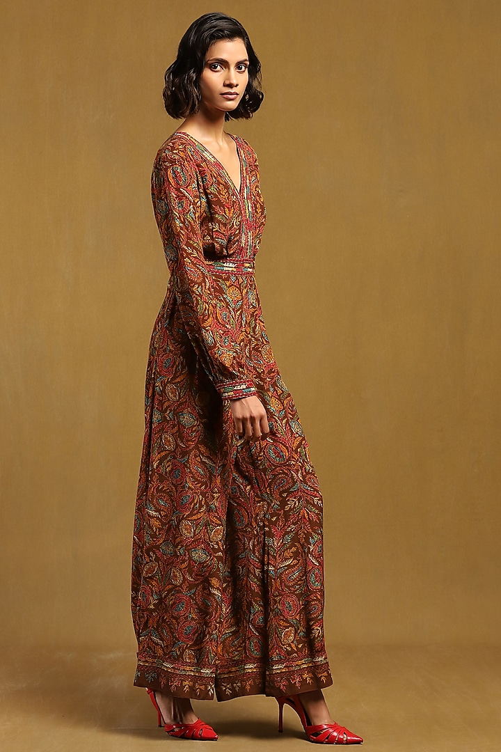 Brown Viscose Crepe Botanical Printed Jumpsuit by Ritu Kumar at Pernia's Pop Up Shop