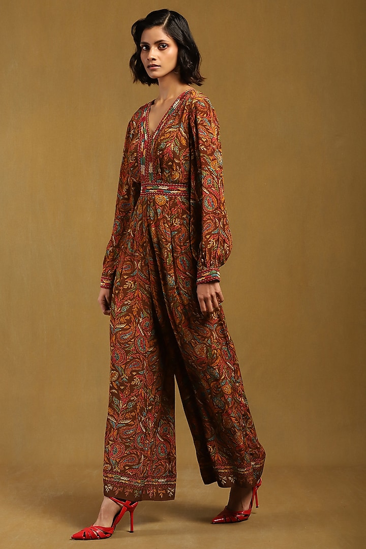 Brown Viscose Crepe Botanical Printed Jumpsuit by Ritu Kumar at Pernia's Pop Up Shop