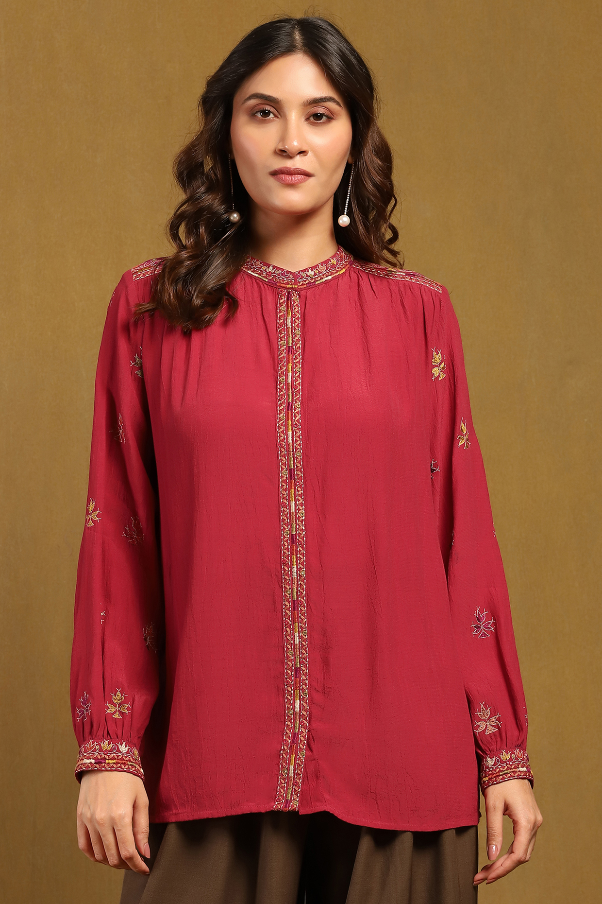 Red Viscose Crepe Shirt by Ritu Kumar at Pernia's Pop Up Shop
