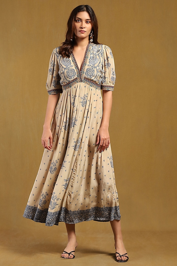 Beige Viscose Crepe Paisley Printed Maxi Dress by Ritu Kumar at Pernia's Pop Up Shop