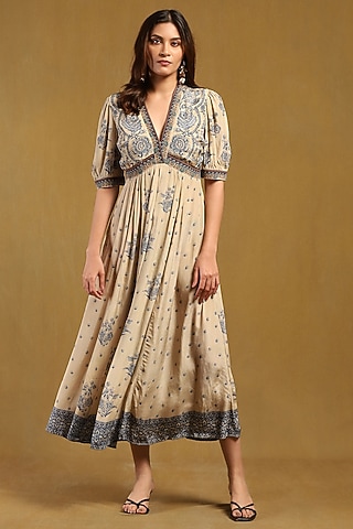Beige Viscose Crepe Paisley Printed Maxi Dress by Ritu Kumar