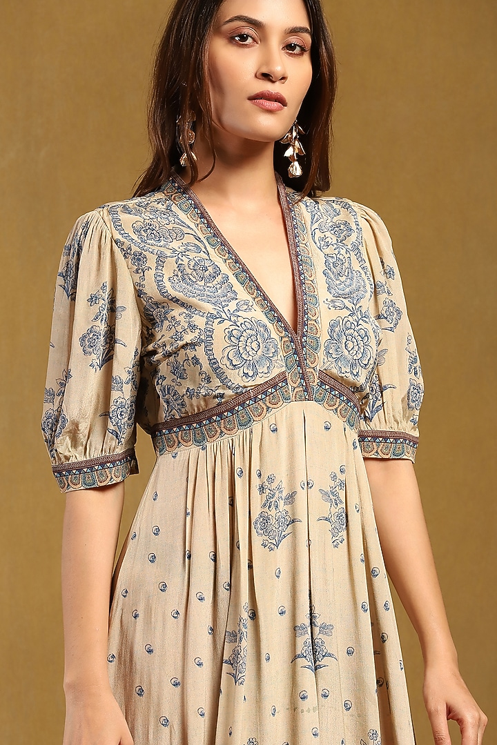 Beige Viscose Crepe Paisley Printed Maxi Summer Dress by Ritu Kumar at Pernia's Pop Up Shop