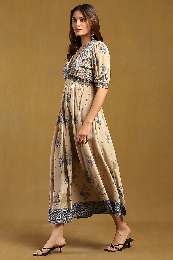 Beige Viscose Crepe Paisley Printed Maxi Summer Dress by Ritu Kumar at Pernia's Pop Up Shop