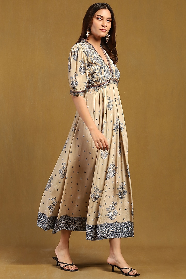 Beige Viscose Crepe Paisley Printed Maxi Summer Dress by Ritu Kumar at Pernia's Pop Up Shop