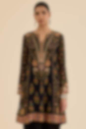 Black Rayon Crepe Floral Printed & Hand Embroidered Kurta by Ritu Kumar at Pernia's Pop Up Shop