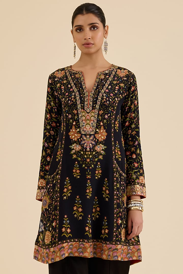 Black Rayon Crepe Floral Printed & Hand Embroidered Kurta by Ritu Kumar at Pernia's Pop Up Shop