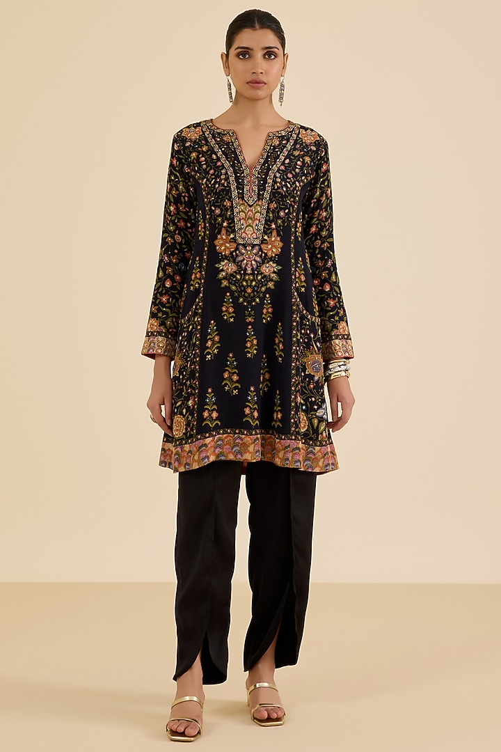 Black Rayon Crepe Floral Printed & Hand Embroidered Kurta by Ritu Kumar at Pernia's Pop Up Shop