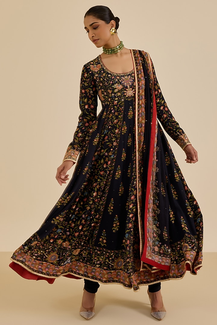 Black Rayon Crepe Floral Printed & Hand Embroidered Kurta Set by Ritu Kumar at Pernia's Pop Up Shop