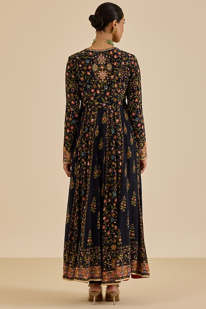 Black Rayon Crepe Floral Printed & Hand Embroidered Kurta Set by Ritu Kumar at Pernia's Pop Up Shop