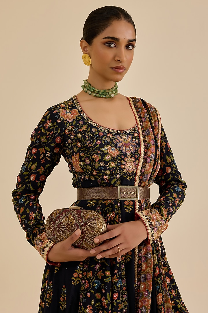 Black Rayon Crepe Floral Printed & Hand Embroidered Kurta Set by Ritu Kumar at Pernia's Pop Up Shop