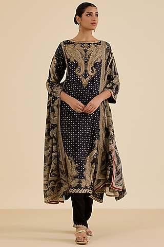 Black & Beige Murshidabad Silk Paisley Printed Kurta Set by Ritu Kumar