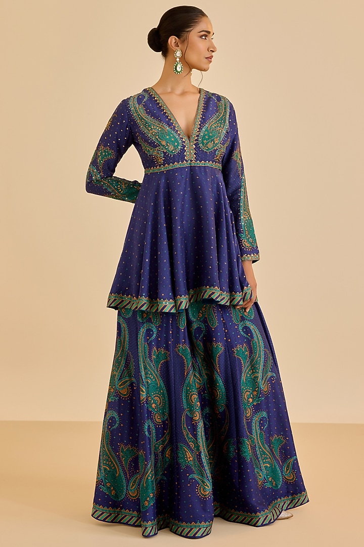 Blue Murshidabad Silk Paisley Printed Palazzo Pant Set by Ritu Kumar at Pernia's Pop Up Shop
