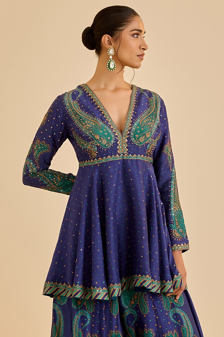 Blue Murshidabad Silk Paisley Printed Palazzo Pant Set by Ritu Kumar at Pernia's Pop Up Shop