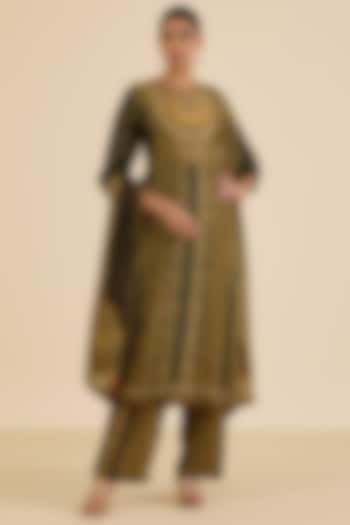 Black & Olive Murshidabad Silk Geometric Printed Kurta Set by Ritu Kumar at Pernia's Pop Up Shop