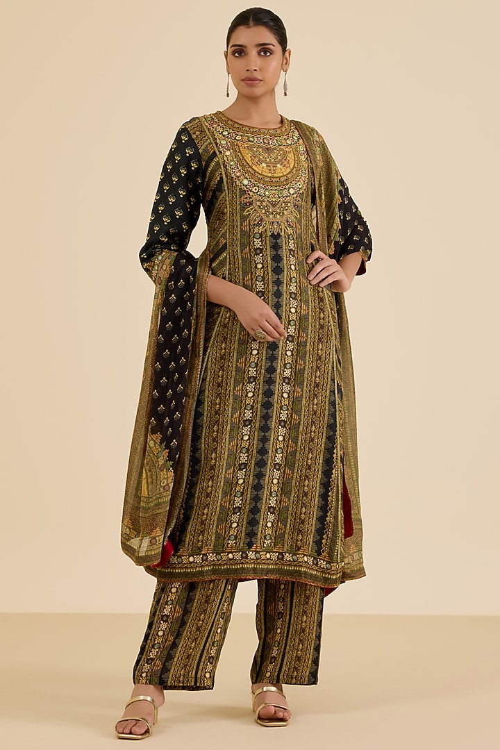 Black & Olive Murshidabad Silk Geometric Printed Kurta Set by Ritu Kumar at Pernia's Pop Up Shop