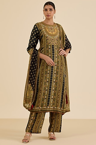Black & Olive Murshidabad Silk Geometric Printed Kurta Set by Ritu Kumar