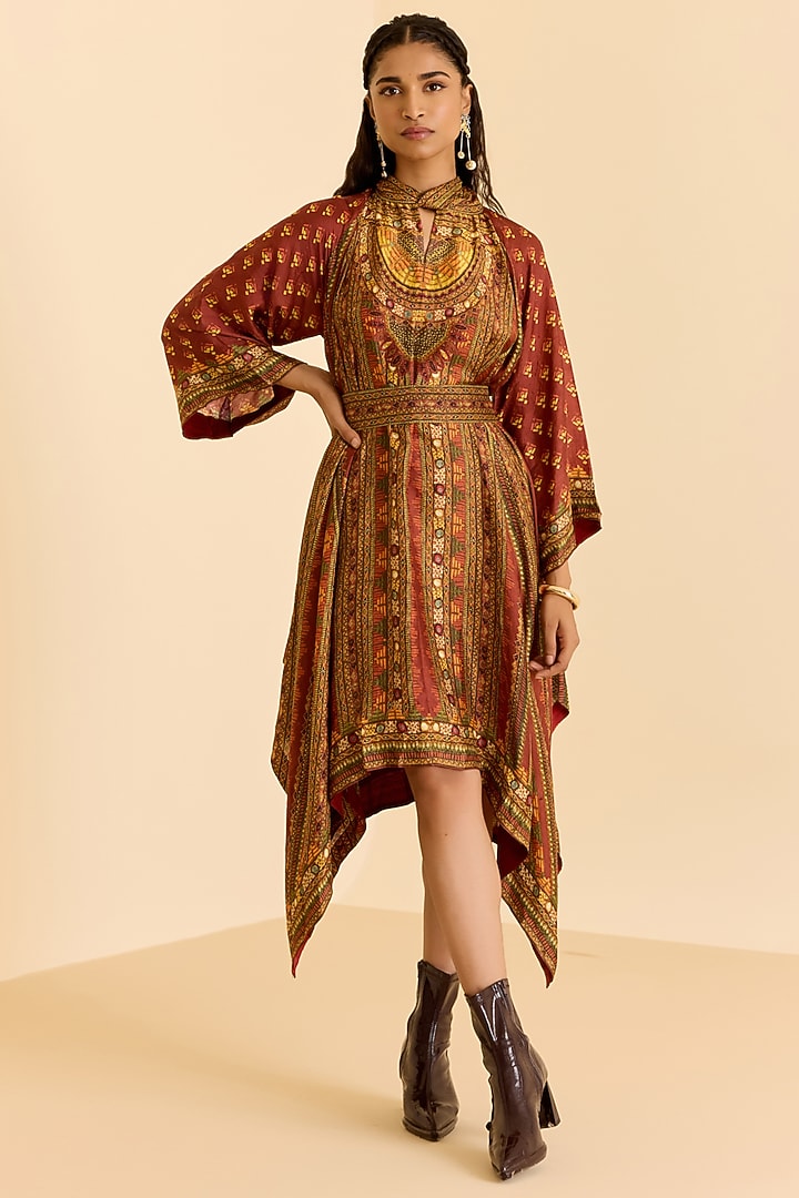 Brown Murshidabad Silk Geometric Printed Vacation Dress by Ritu Kumar at Pernia's Pop Up Shop