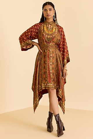 Brown Murshidabad Silk Geometric Printed Dress by Ritu Kumar